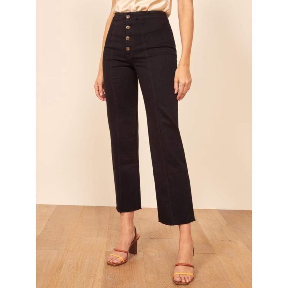 Reformation Jeans Women 30 Leon Stretch Flood Jean Black Distressed Hem Button